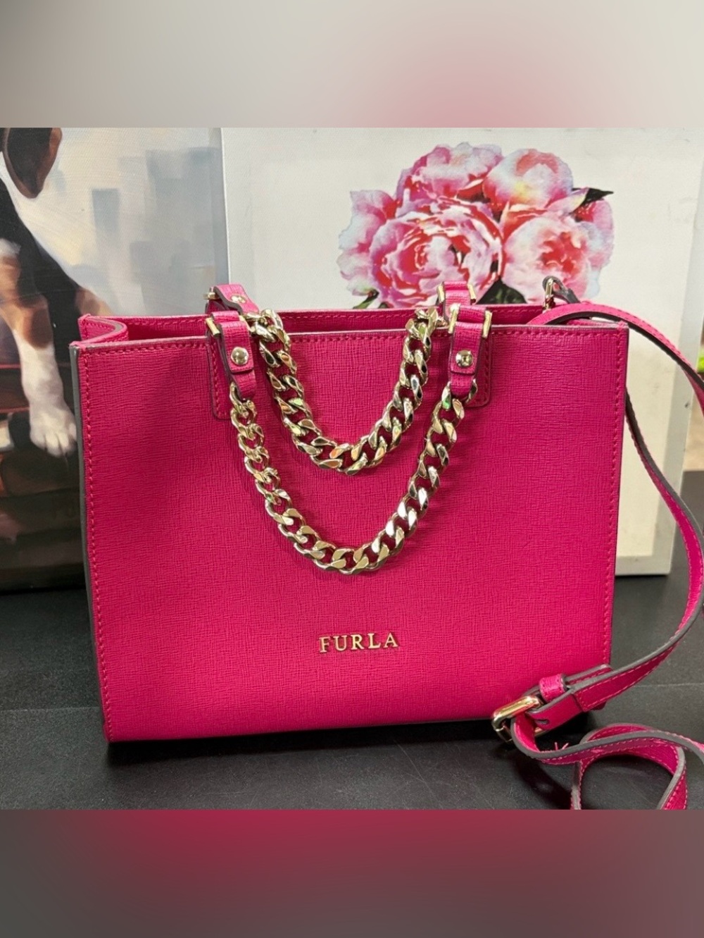 Furla Hot Pink Saffiano Leather Tote with Gold Chain